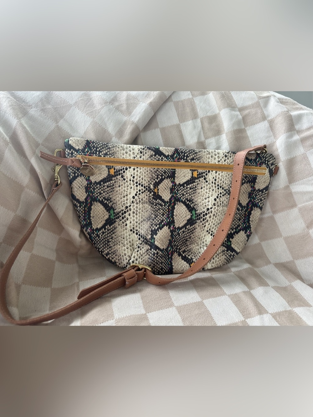 Clare V. Grande Fanny Crossbody Bag Black & Cream Speckled Snakeskin Pattern